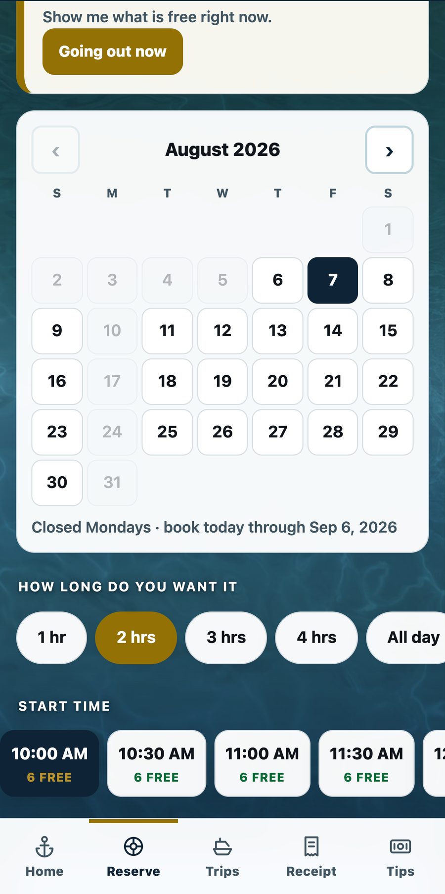 The Boat Club of Texas iPhone app — a member choosing a date, a duration and a start time to reserve a boat